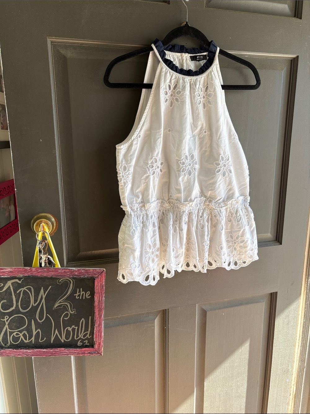 J. Crew White Eyelet Halter Peplum Tank with Navy Trim